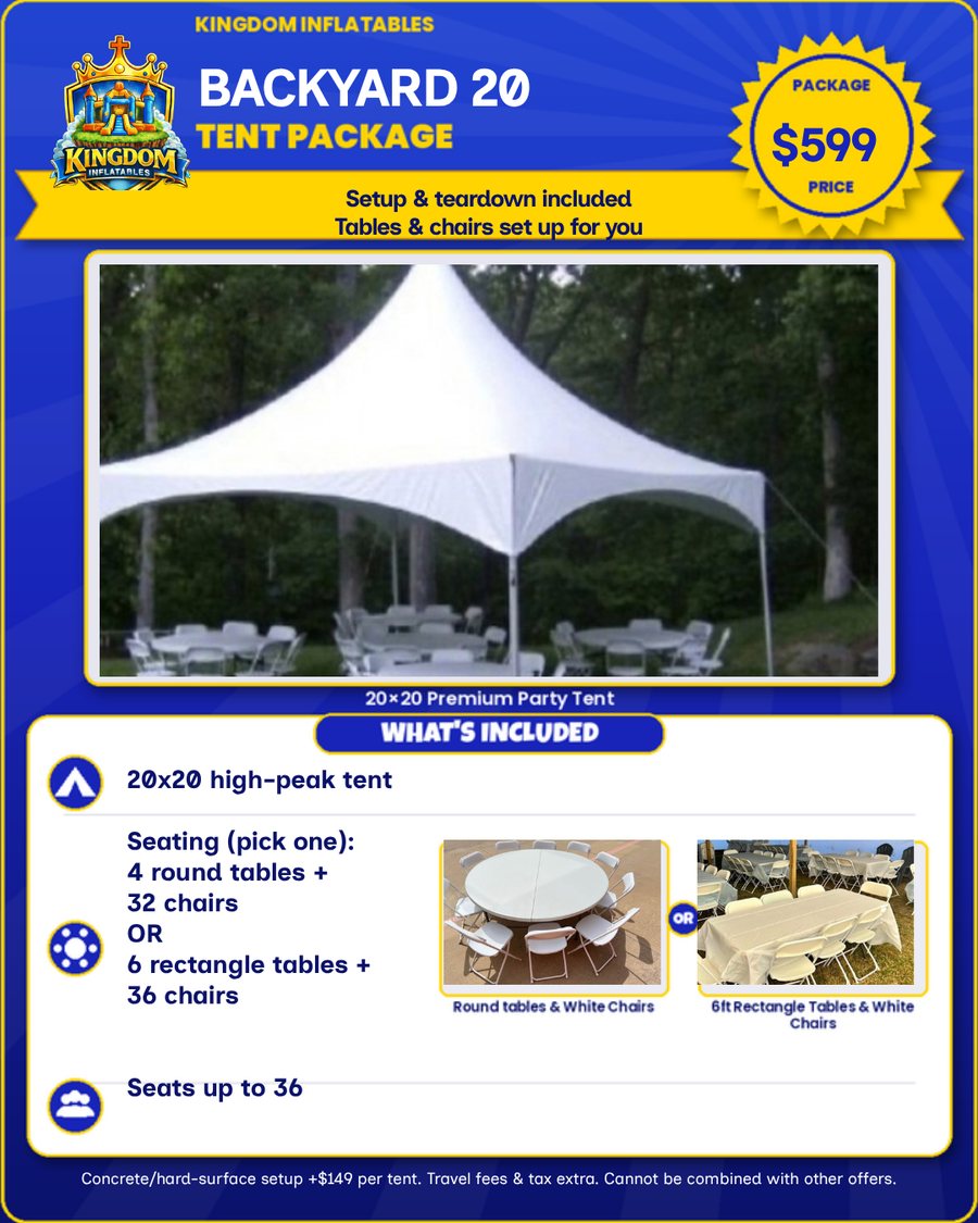 Backyard 20 Tent Package flyer, $599: 20x20 high-peak party tent with 4 round tables and 32 chairs or 6 rectangle tables and 36 chairs, seats up to 36