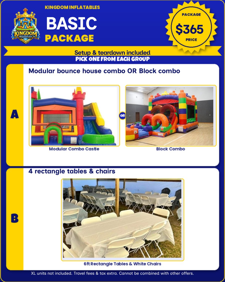 Basic Party Package flyer, $365: Modular Combo Castle or Block Combo, plus 4 six-foot rectangle tables with white chairs