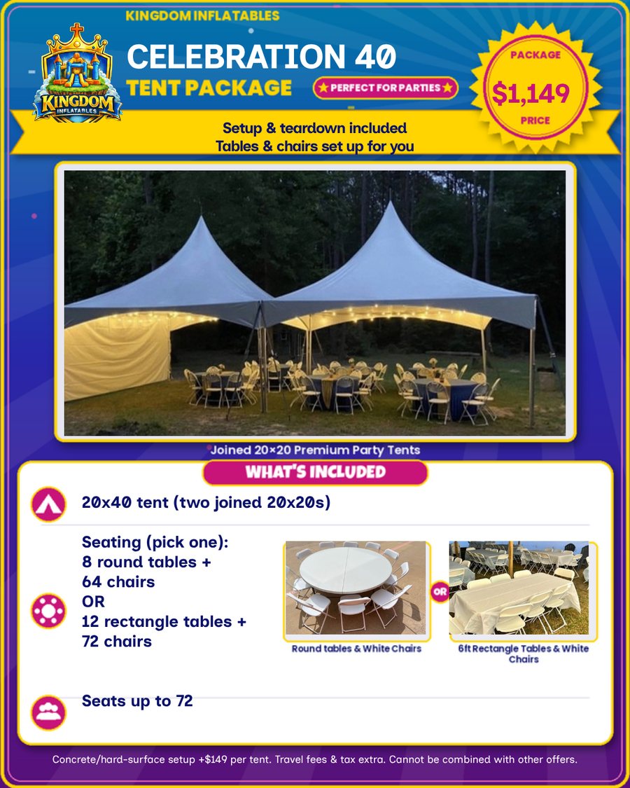 Celebration 40 Tent Package flyer, $1,149: two joined 20x20 high-peak tents (20x40) with 8 round tables and 64 chairs or 12 rectangle tables and 72 chairs, seats up to 72