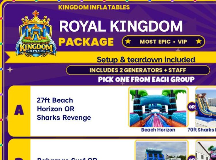Package Deals: Kingdom Inflatables party package flyer (Royal Kingdom package with water slides and more), bundles with setup and teardown included