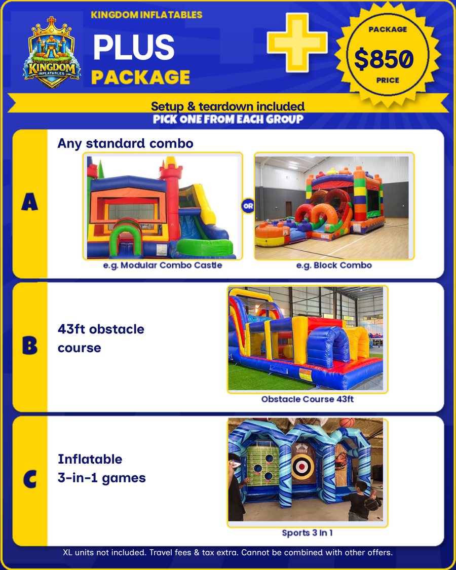 Plus Party Package flyer, $850: any standard combo such as the Modular Combo Castle or Block Combo, the 43ft obstacle course and the Sports 3 in 1 inflatable games