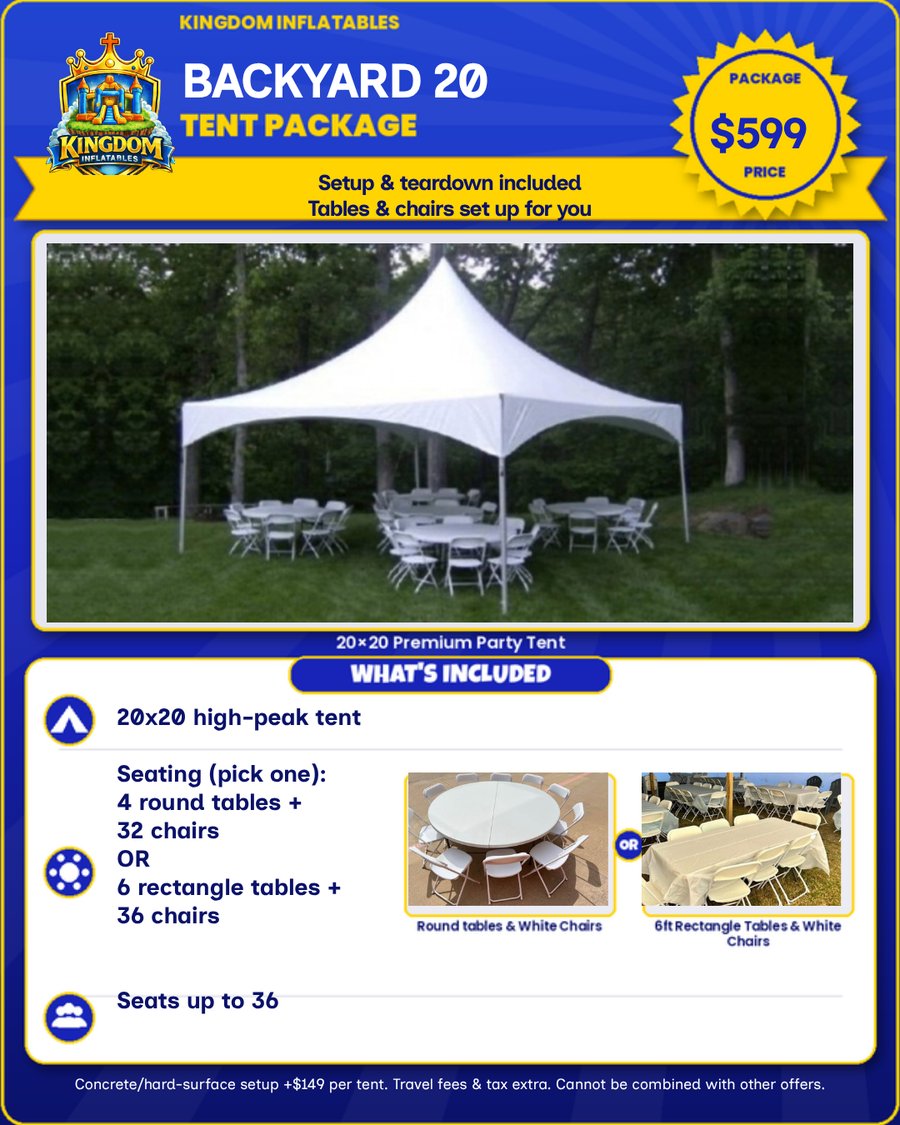 Backyard 20 Tent Package flyer, $599: 20x20 high-peak party tent with 4 round tables and 32 chairs or 6 rectangle tables and 36 chairs, seats up to 36