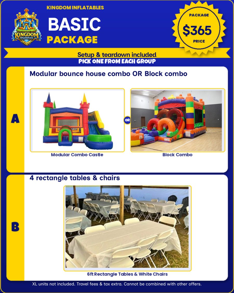 Basic Party Package flyer, $365: Modular Combo Castle or Block Combo, plus 4 six-foot rectangle tables with white chairs