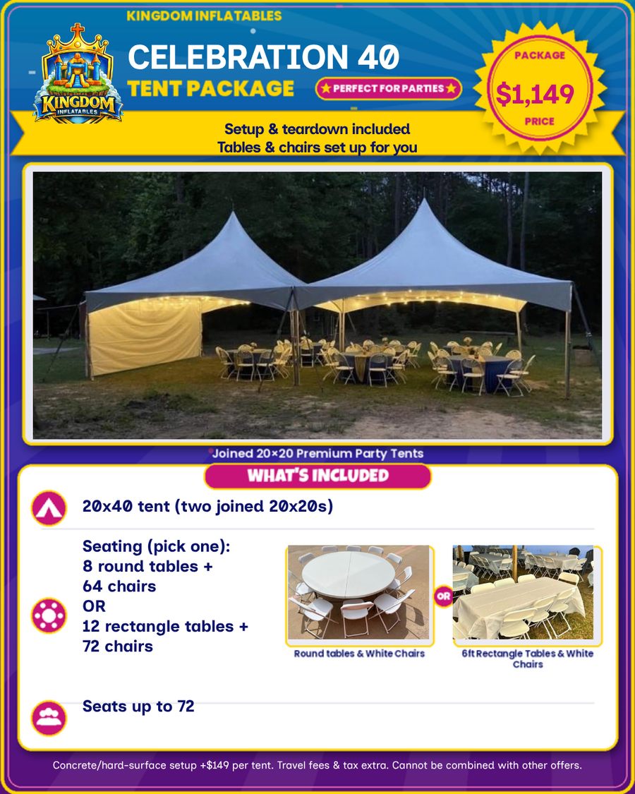 Celebration 40 Tent Package flyer, $1,149: two joined 20x20 high-peak tents (20x40) with 8 round tables and 64 chairs or 12 rectangle tables and 72 chairs, seats up to 72