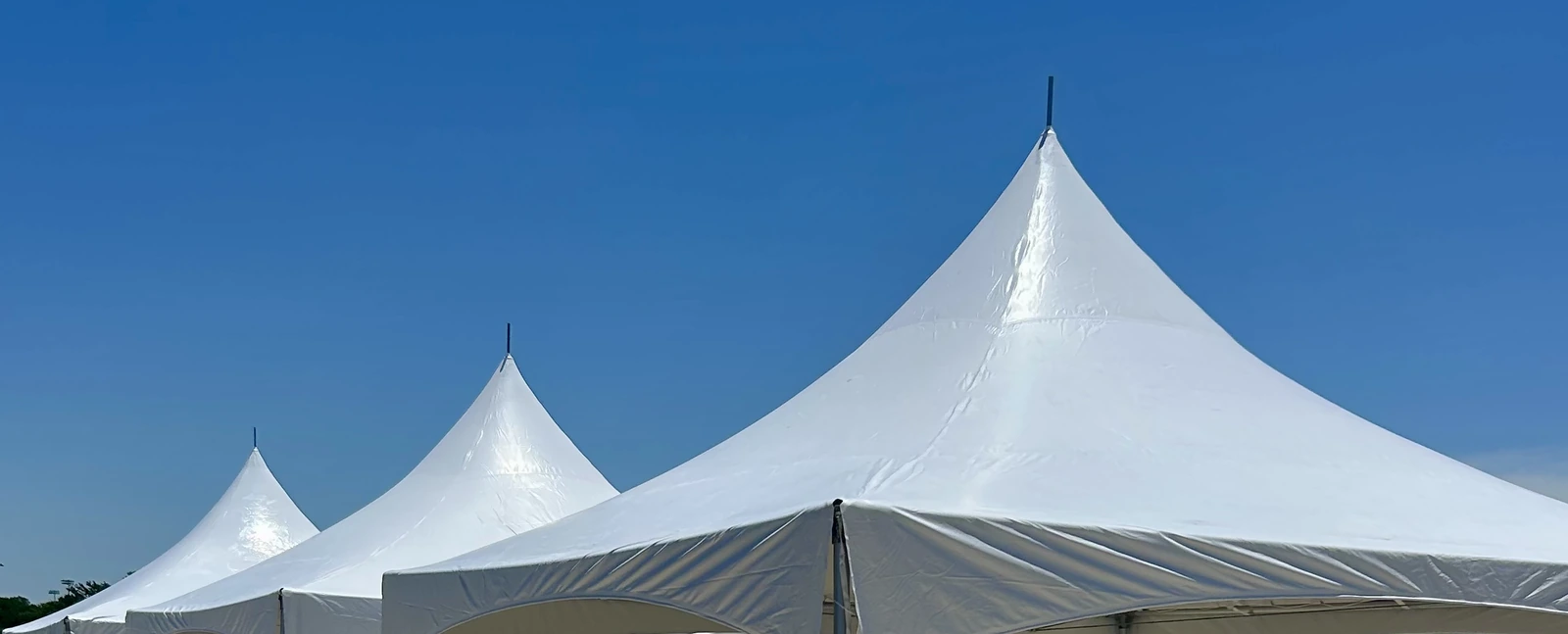 Three white high-peak party tents set up in a row under a clear blue sky in Melissa, TX