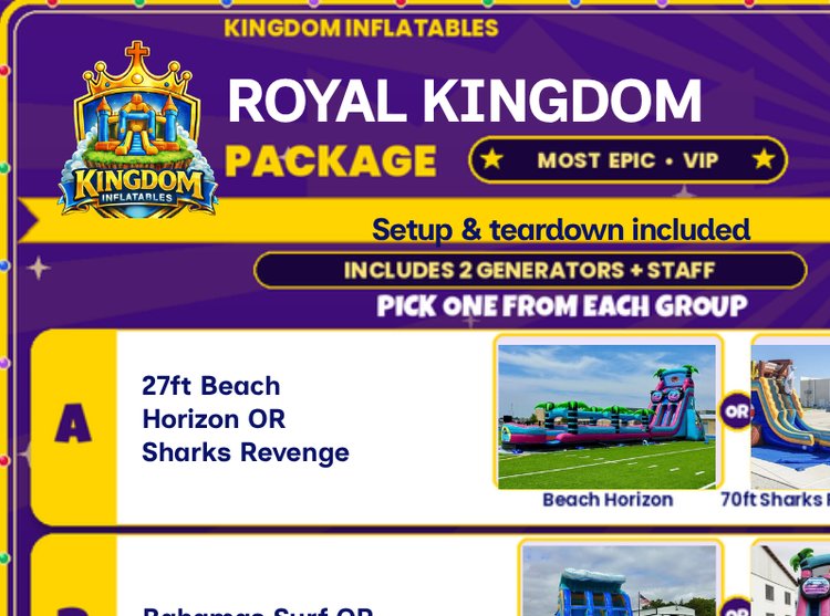 Package Deals: Kingdom Inflatables party package flyer (Royal Kingdom package with water slides and more), bundles with setup and teardown included