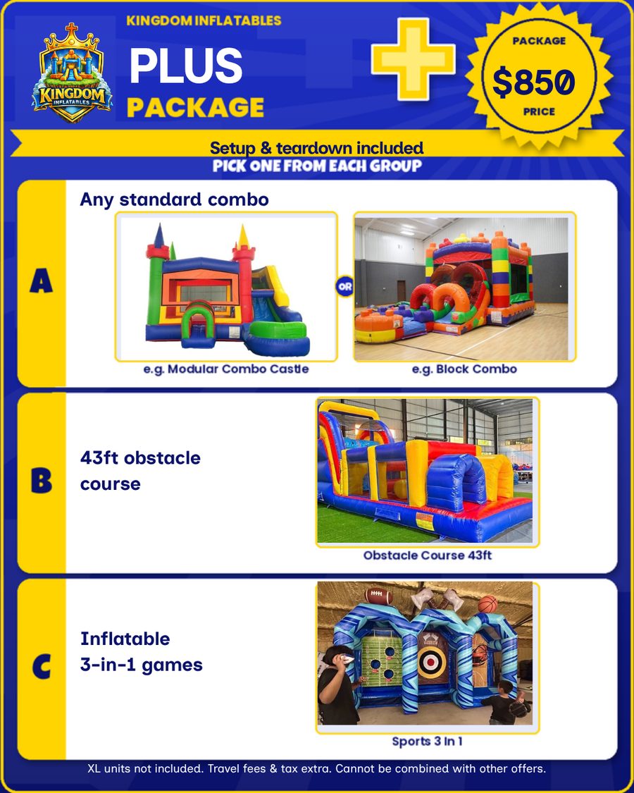 Plus Party Package flyer, $850: any standard combo such as the Modular Combo Castle or Block Combo, the 43ft obstacle course and the Sports 3 in 1 inflatable games